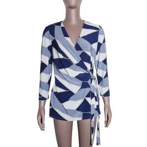 Anne‎ Klein Patchwork Print V-Neck Tie Waist Blouse Boho Retro Medium